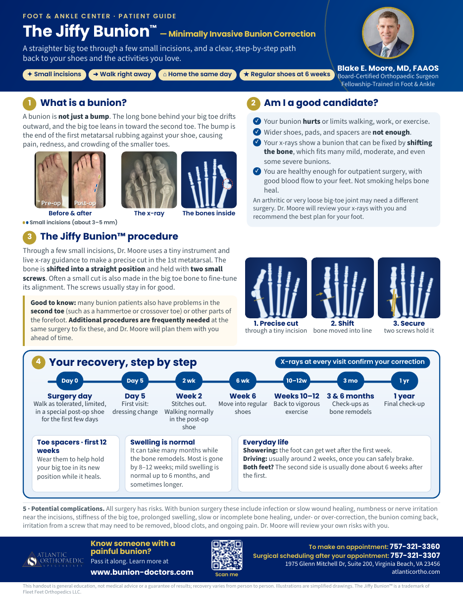 Preview of The Jiffy Bunion™ 1-Page Patient Guide PDF by Blake E. Moore, MD, FAAOS